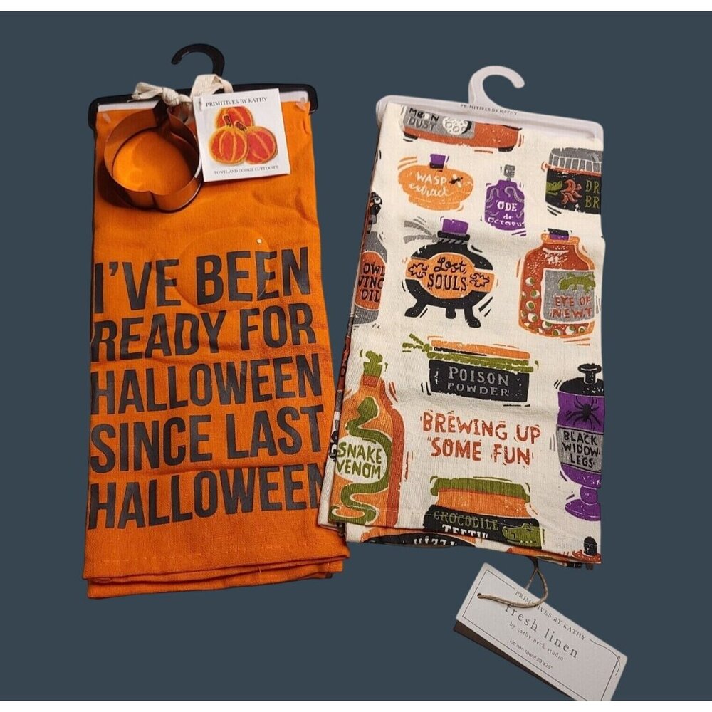 Halloween Kitchen Towel Set with Pumpkin Cookie Cutter Primitives By Kathy